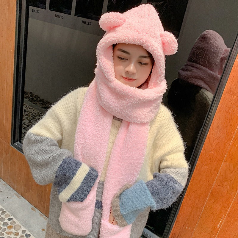 Bear Hat Scarf One Glove 3 In 1 Plush Double Thickening Ear Protection Warm Autumn And Winter Model
