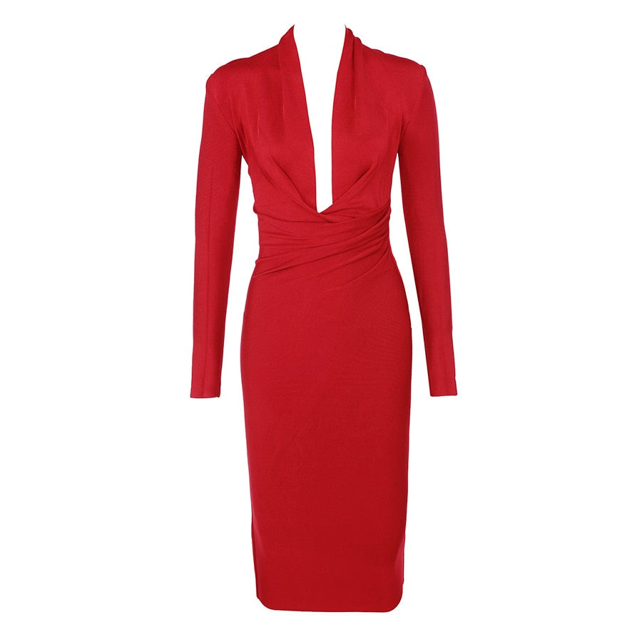 Black V Neck Long Sleeve Lady's Party Dresses Newest Spring Sexy Bodycon Elastic Midi Bandage Dress