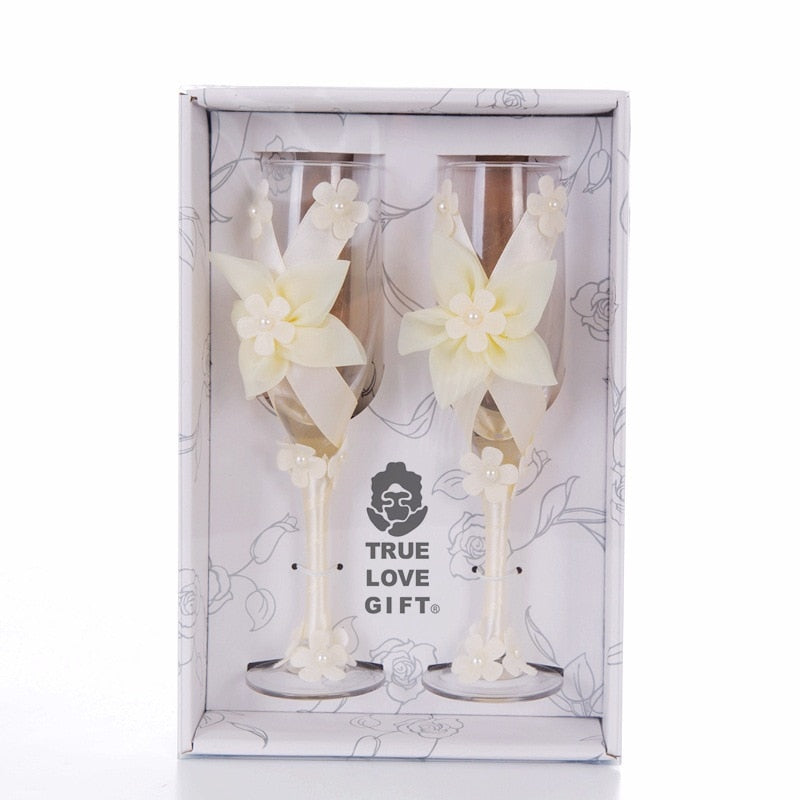 2pcs Set Wedding Glass Creative Pearl Flower Crystal Wedding Champagne Glasses Toasting Goblet Red Wine Glass Wedding Decoration