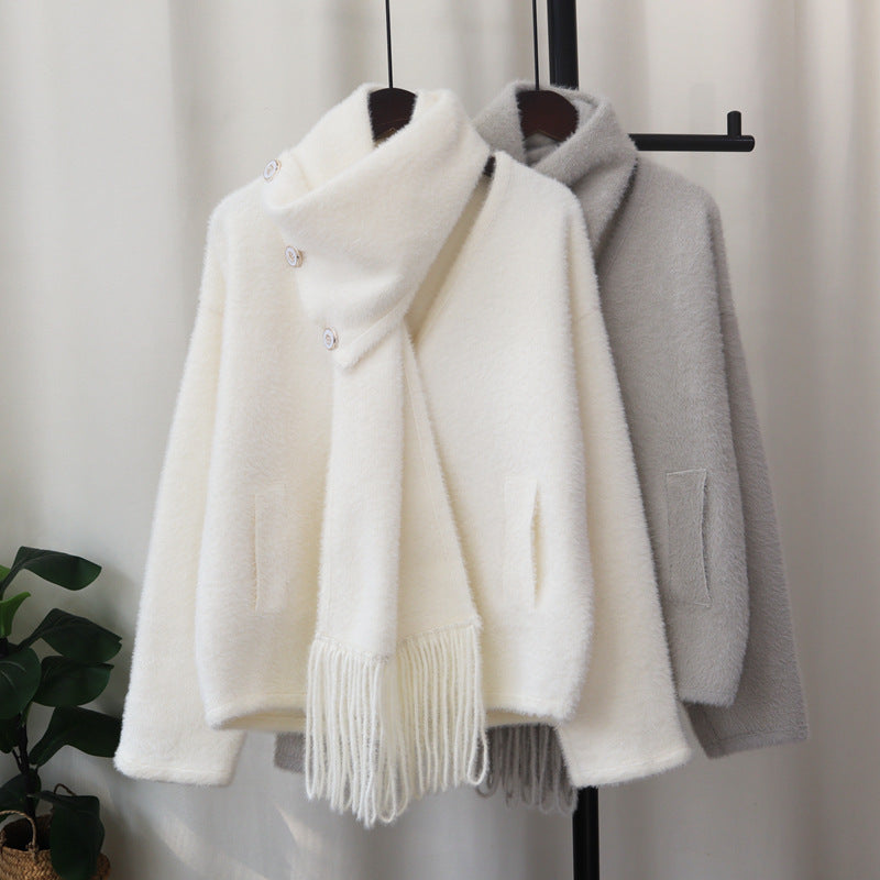 Detachable scarf cardigan loose sweater