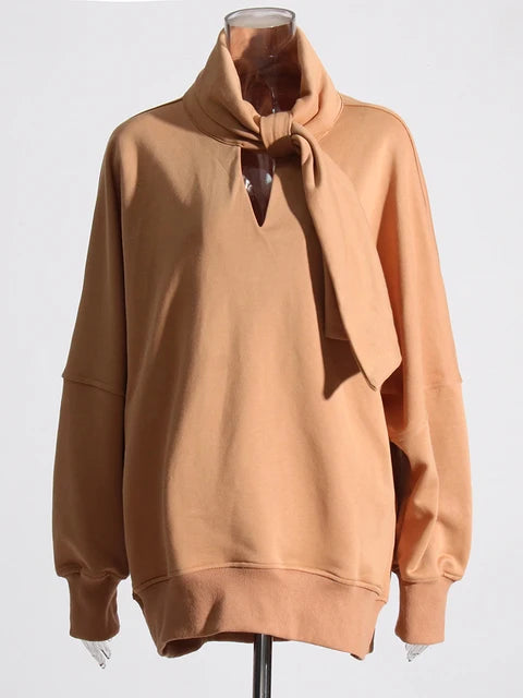 Patchwork Scarf Solid Sweatshirts For Women Turtleneck Hollow Out Long Sleeve Casual Pullover Sweatshirt Female New
