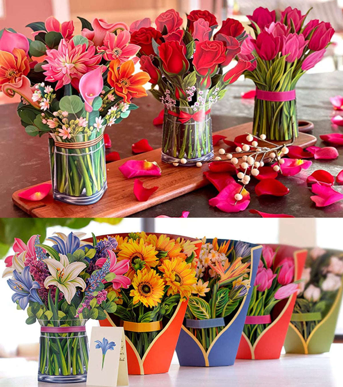3D Paper Flowers Popup Greeting Cards Handmade Flower Bouquet Cards with Note Card and Envelope for Wedding Mother's Day