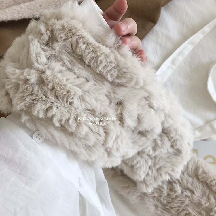 Plush cross necked milk tea colored faux rabbit hair scarf fur