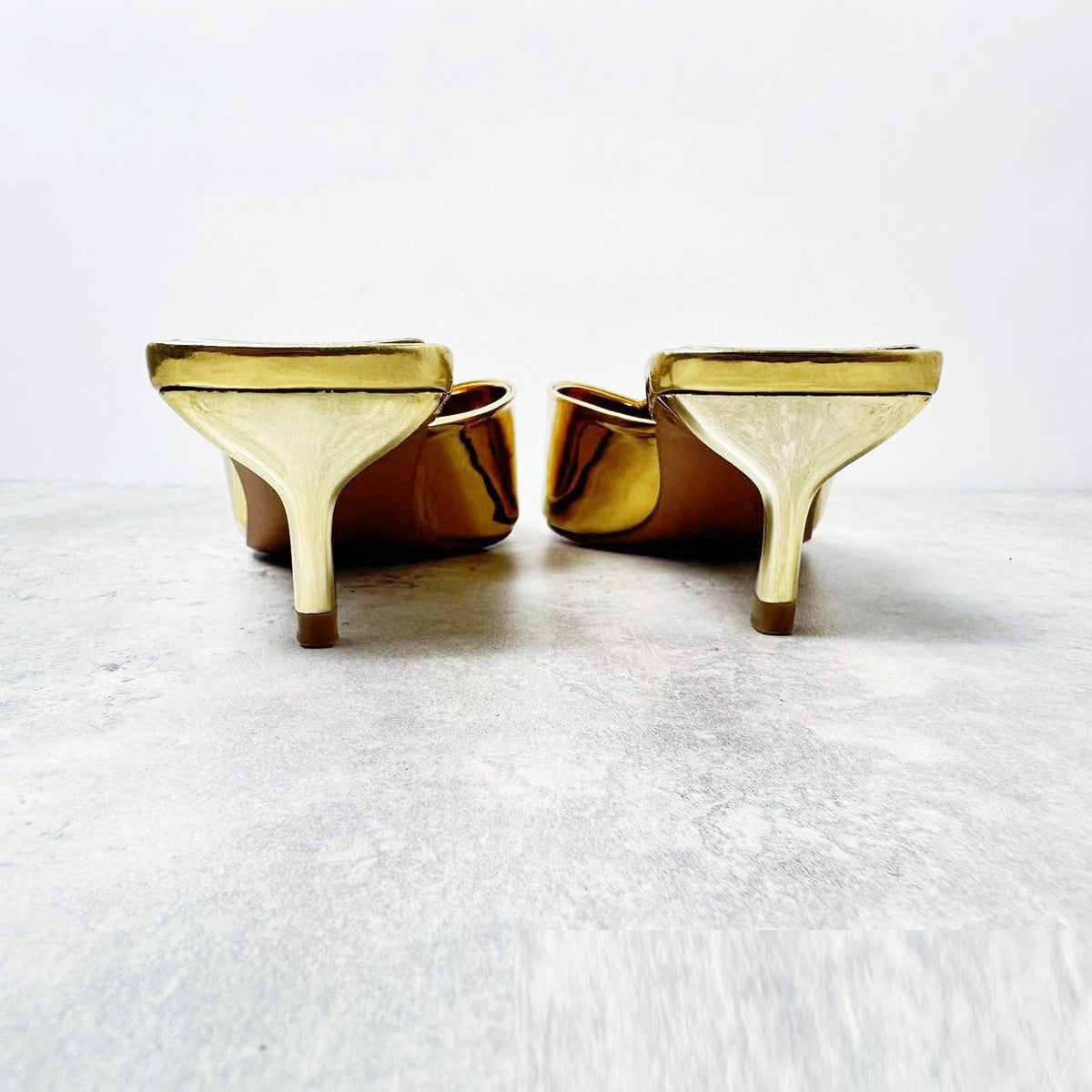 Golden metallic high heels, Muller shoes, toe wrap, back empty high heels, sandals for women