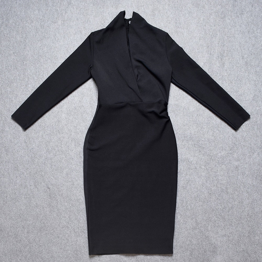 Black V Neck Long Sleeve Lady's Party Dresses Newest Spring Sexy Bodycon Elastic Midi Bandage Dress