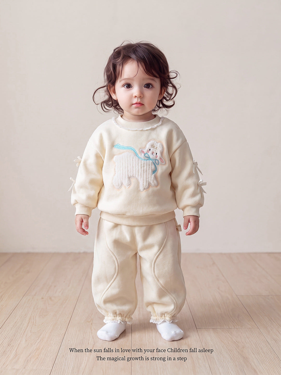 Baby Girls Fleece Lamb Bow Sweatshirt and Cuffed Pants Two-Piece Set, Autumn Children's Clothing
