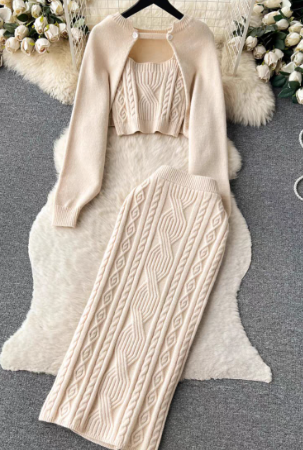 Autumn Skinny Knitted Three Pieces Suits Cardigan Long Sleeves Smock+Tank Tops+Bodycon Skirt Women Gentle Sweater Sets