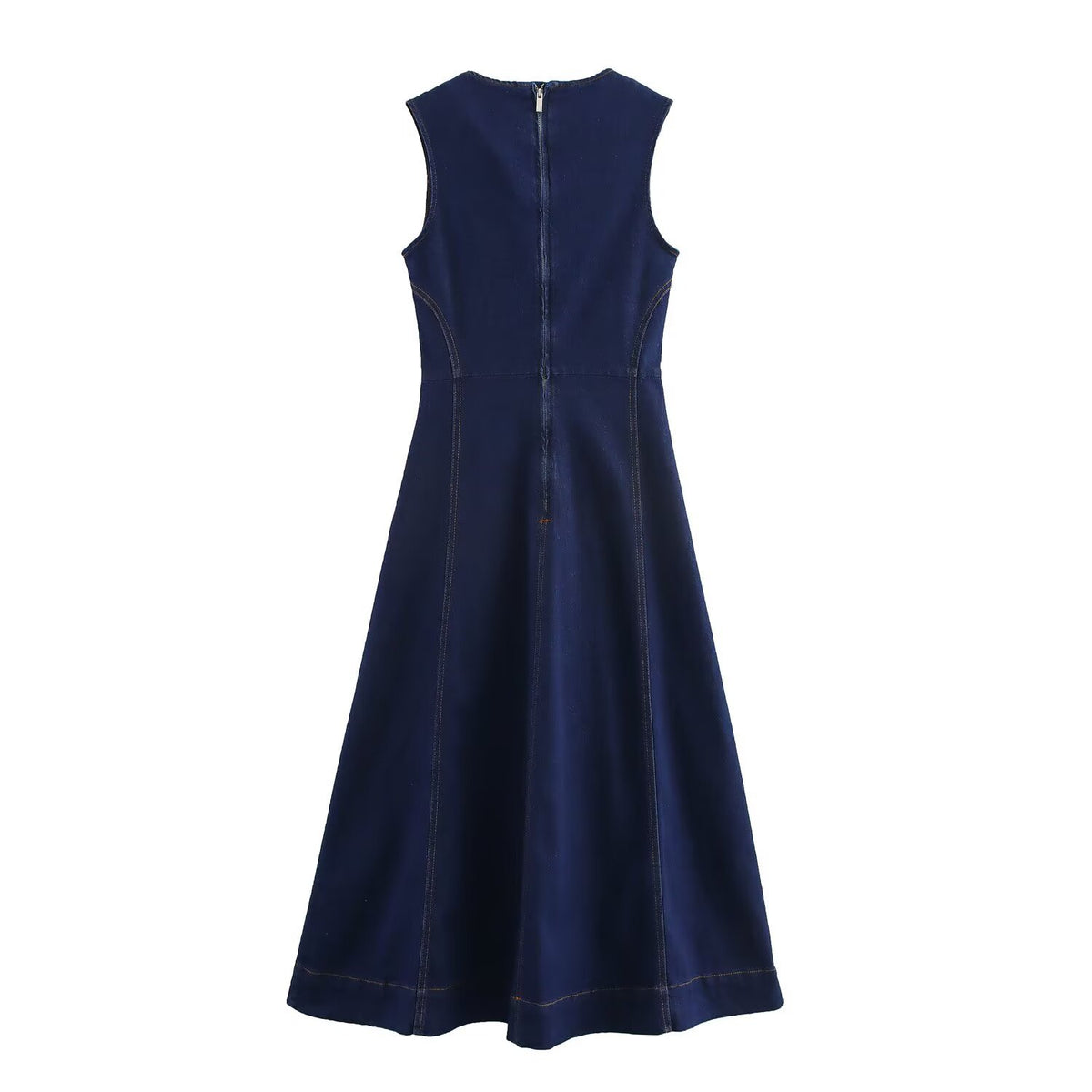 Round neck back zipper sleeveless denim dress