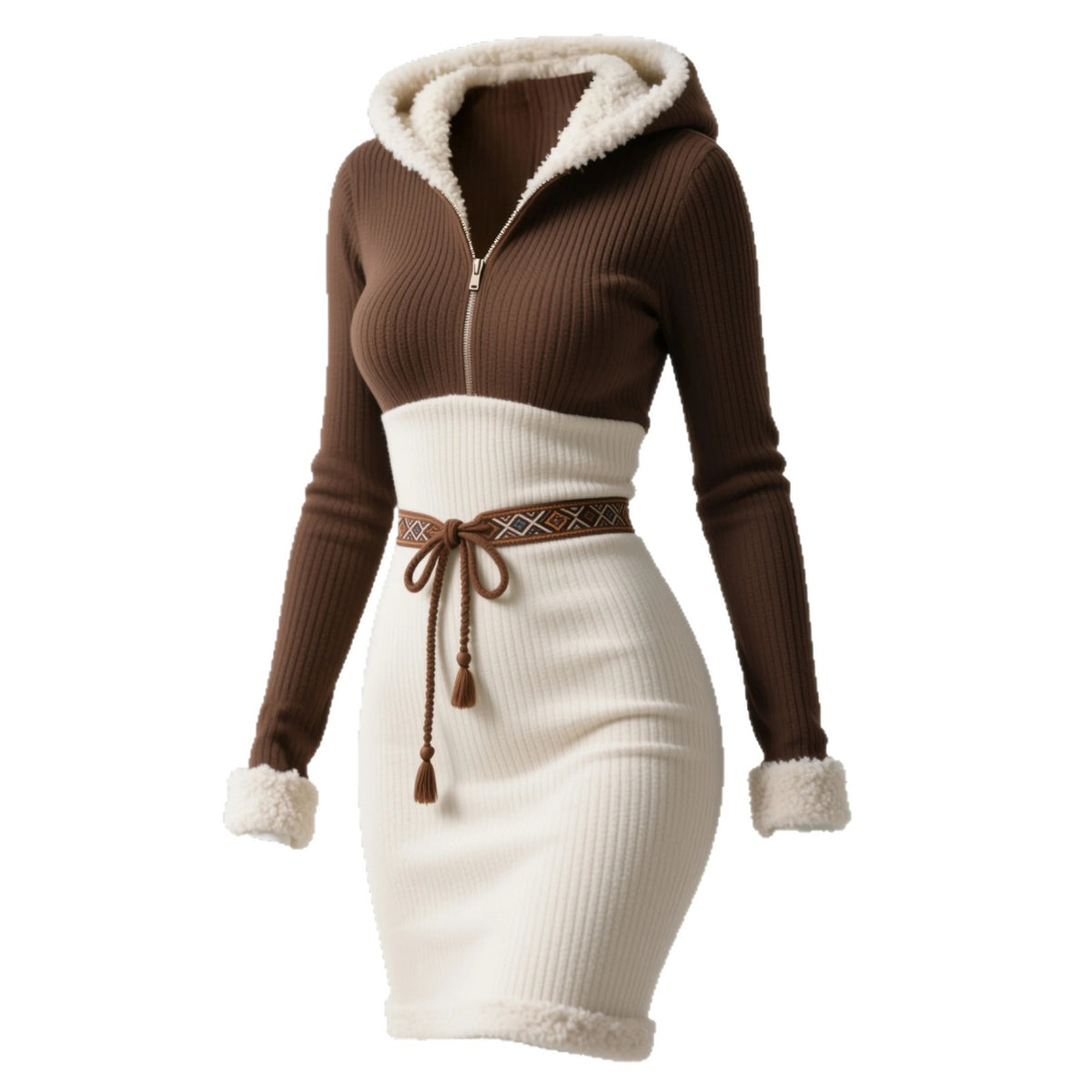 Vintage Ethnic Style Zip-Up Hooded Fitted Dress for Women