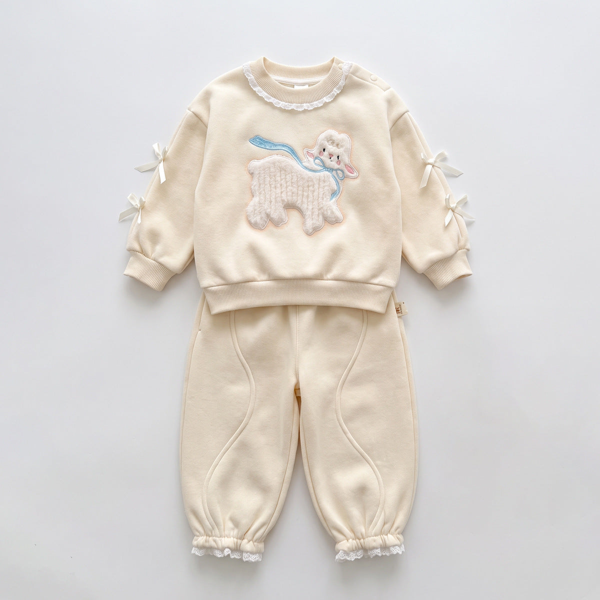 Baby Girls Fleece Lamb Bow Sweatshirt and Cuffed Pants Two-Piece Set, Autumn Children's Clothing