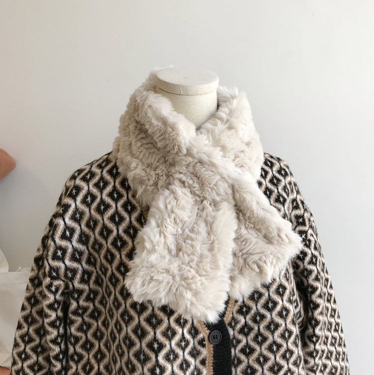 Plush cross necked milk tea colored faux rabbit hair scarf fur