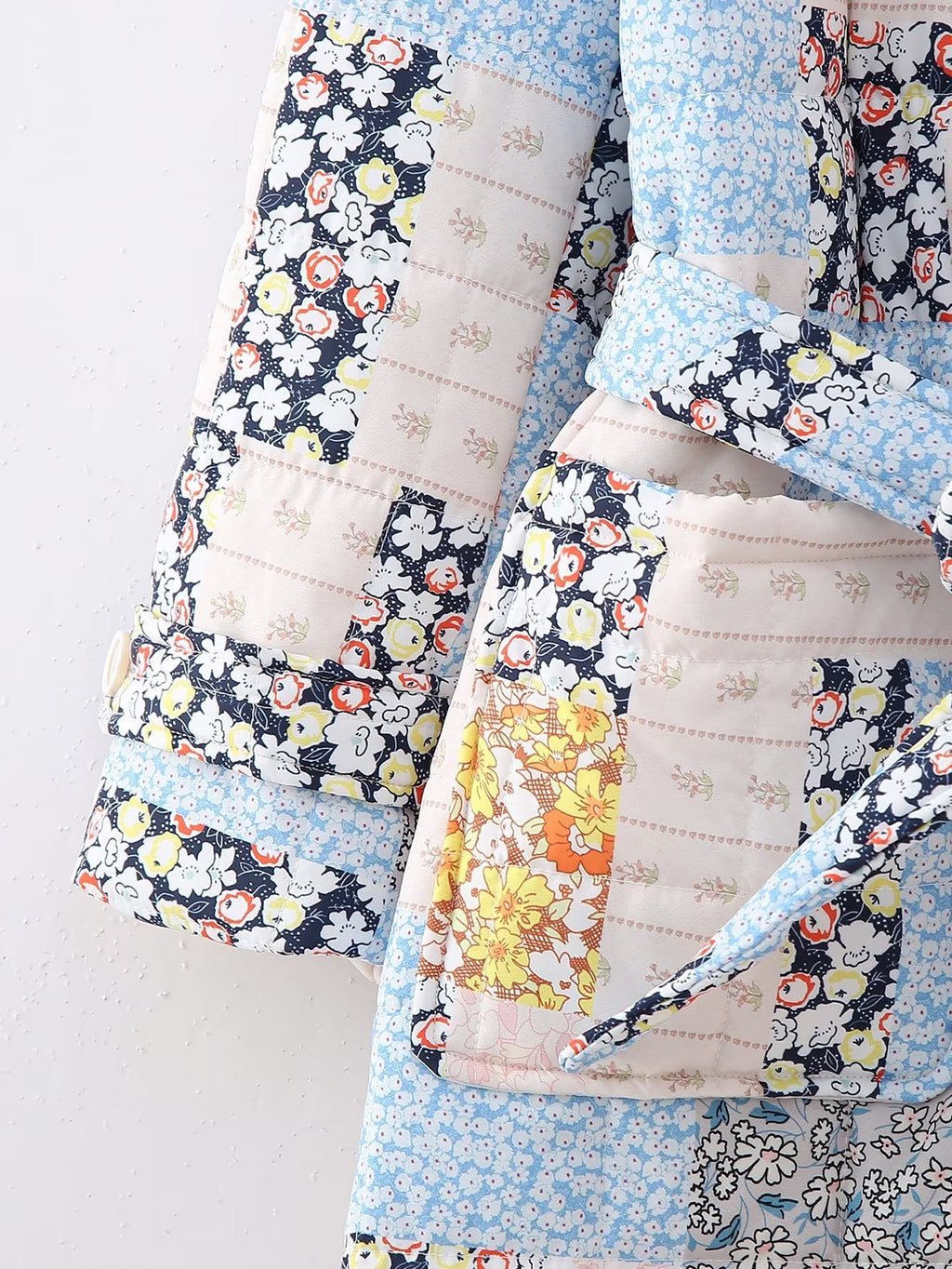 Women's Lapel Printed Quilted Long Coat