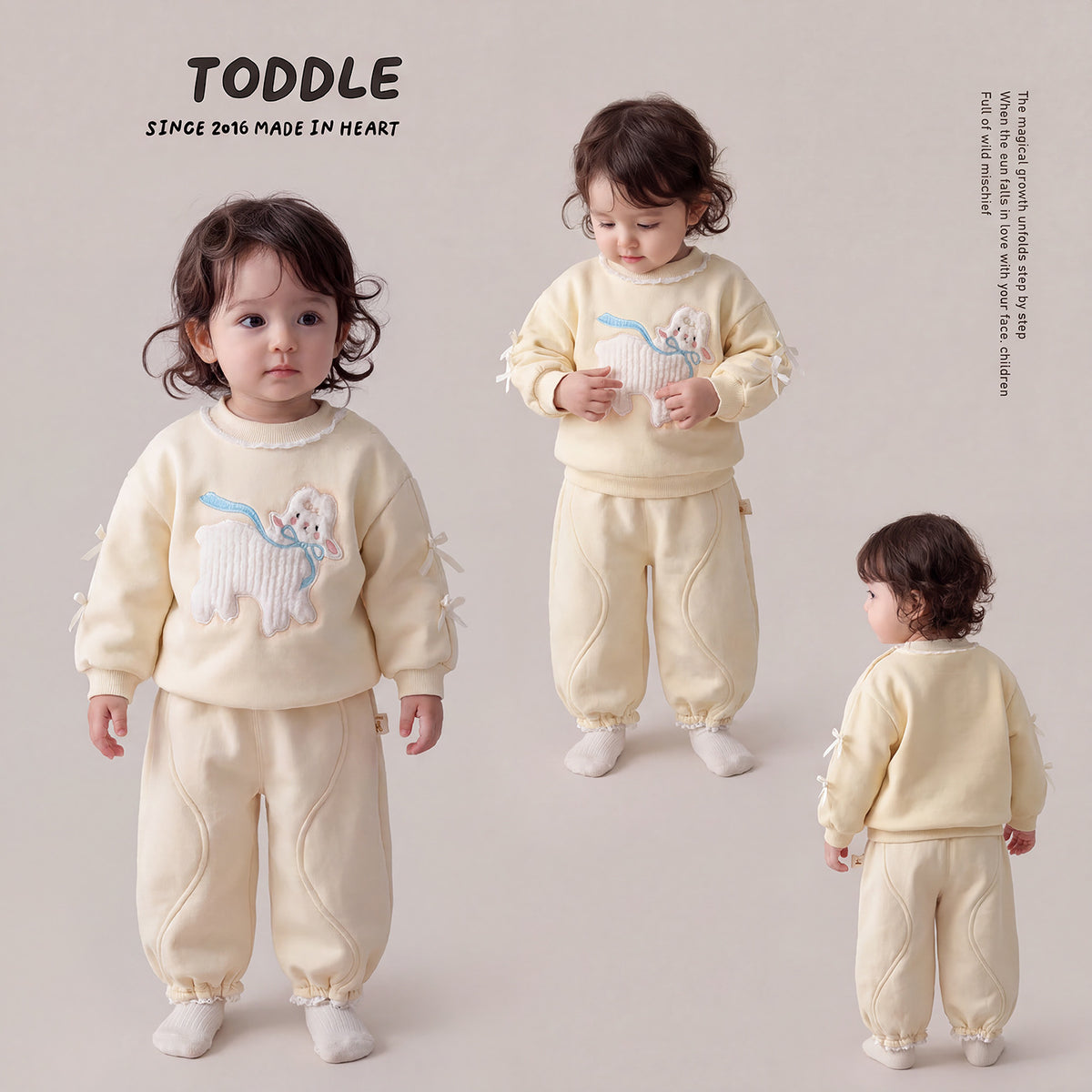 Baby Girls Fleece Lamb Bow Sweatshirt and Cuffed Pants Two-Piece Set, Autumn Children's Clothing