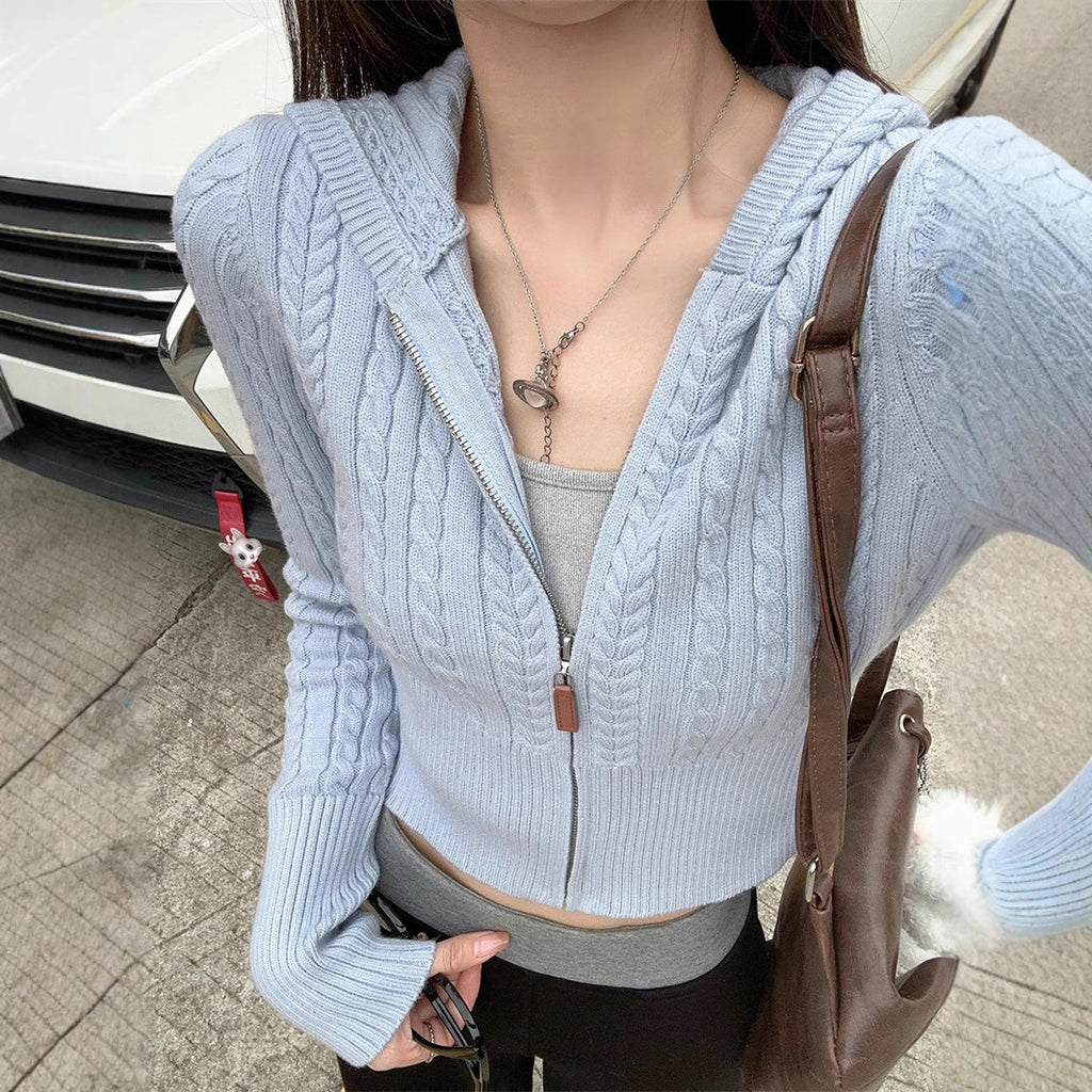 Chic Crochet Knit Cardigan with Hood and Zipper for Women