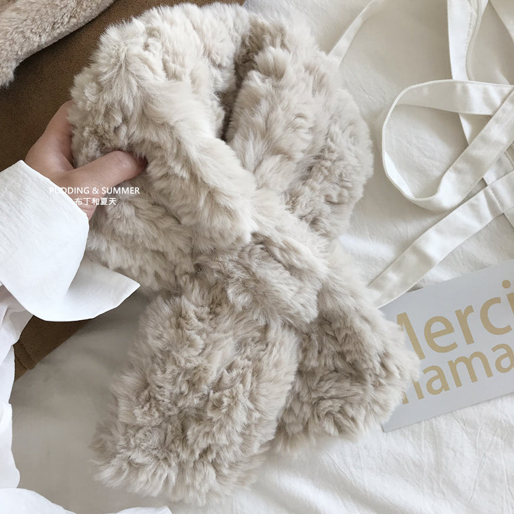 Plush cross necked milk tea colored faux rabbit hair scarf fur