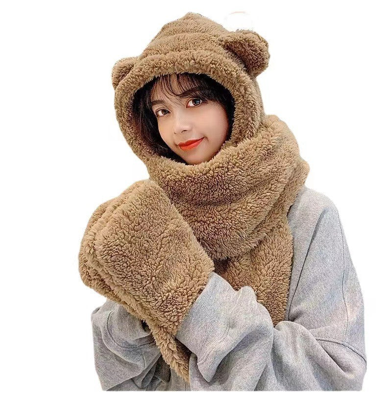 Bear Hat Scarf One Glove 3 In 1 Plush Double Thickening Ear Protection Warm Autumn And Winter Model