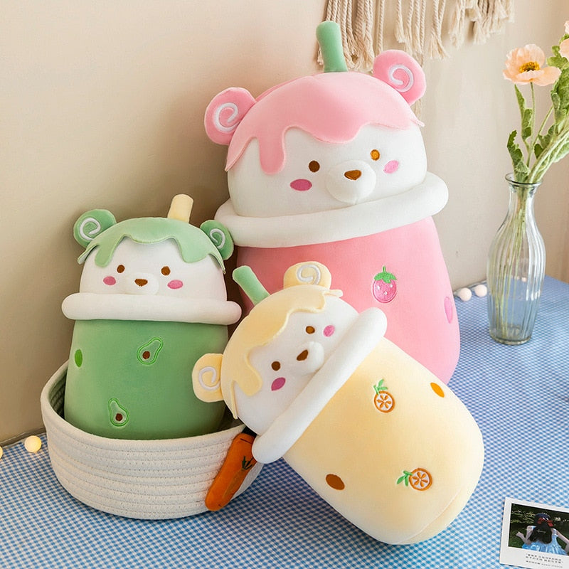 25-40cm Cute Cartoon Teddy Bear Bubble Tea Cup Shaped Pillow Plush Toys Real-life Stuffed Soft Back Cushion Funny Boba Food