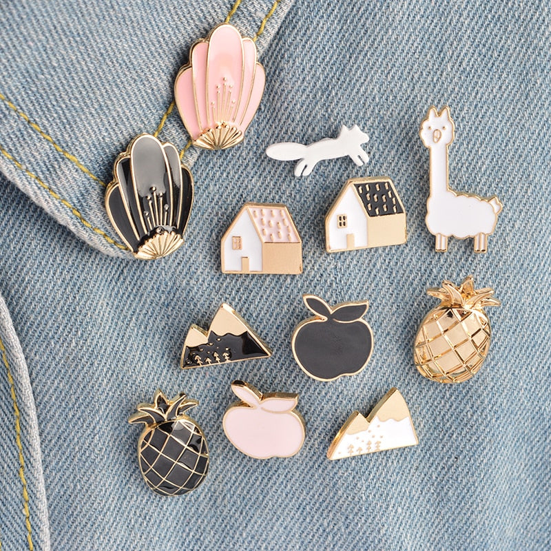 12 pcs/set Snow Mountain Apple Pineapple House Shell Sheep Fox Brooch Pin Women Men Shirt Jacket Badge Pins Fashion Jewelry