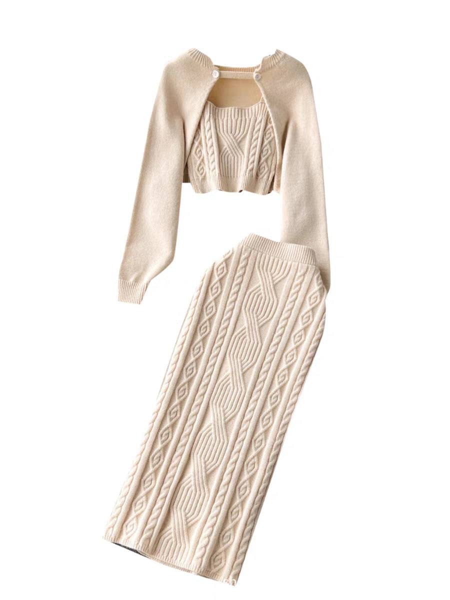 Autumn Skinny Knitted Three Pieces Suits Cardigan Long Sleeves Smock+Tank Tops+Bodycon Skirt Women Gentle Sweater Sets
